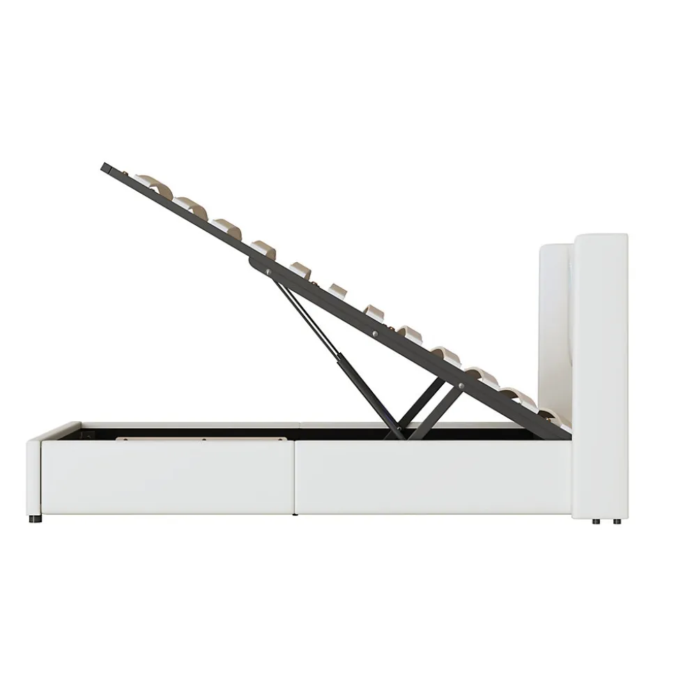 Lit enfant, 90x200cm, PU, LED, USB, Bluetooth, coffre, sommier, beige