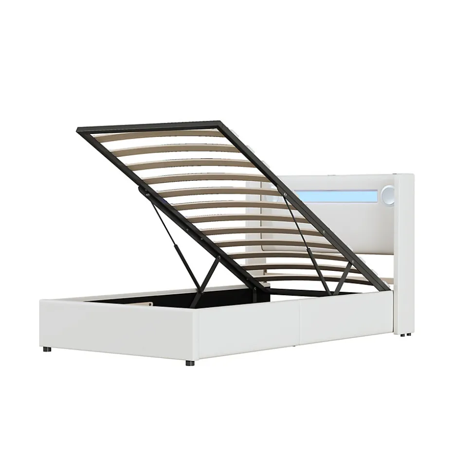 Lit enfant, 90x200cm, PU, LED, USB, Bluetooth, coffre, sommier, beige