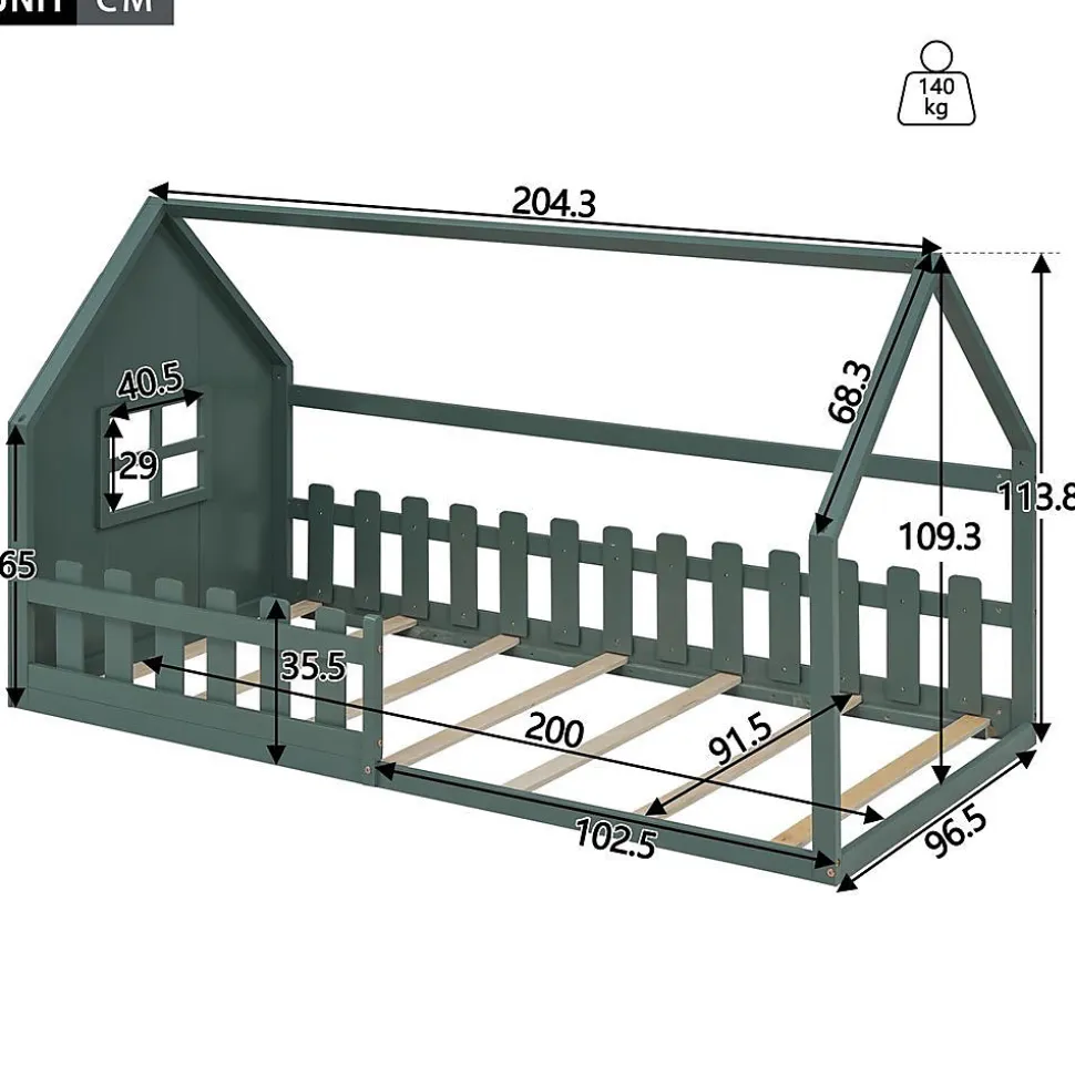Lit Enfant 90x200cm Rebord Maison Vert Blackcolors