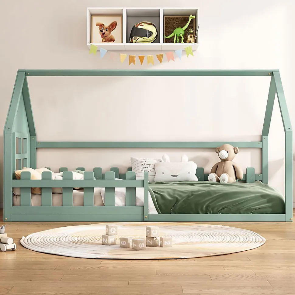 Lit Enfant 90x200cm Rebord Maison Vert Blackcolors