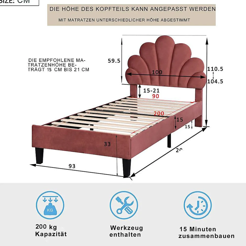 Lit Enfant 90x200cm Tête Fleurs Velours Rouge Haricot Blackcolors