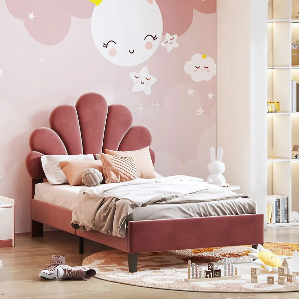 Lit Enfant 90x200cm Tête Fleurs Velours Rouge Haricot Blackcolors