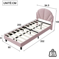 Lit enfant/Lit capitonné 90 x 190 cm avec sommier à lattes, tête de lit et dossier réglables, velours, sans matelas, Rose