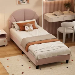 Lit enfant/Lit capitonné 90 x 190 cm avec sommier à lattes, tête de lit et dossier réglables, velours, sans matelas, Rose