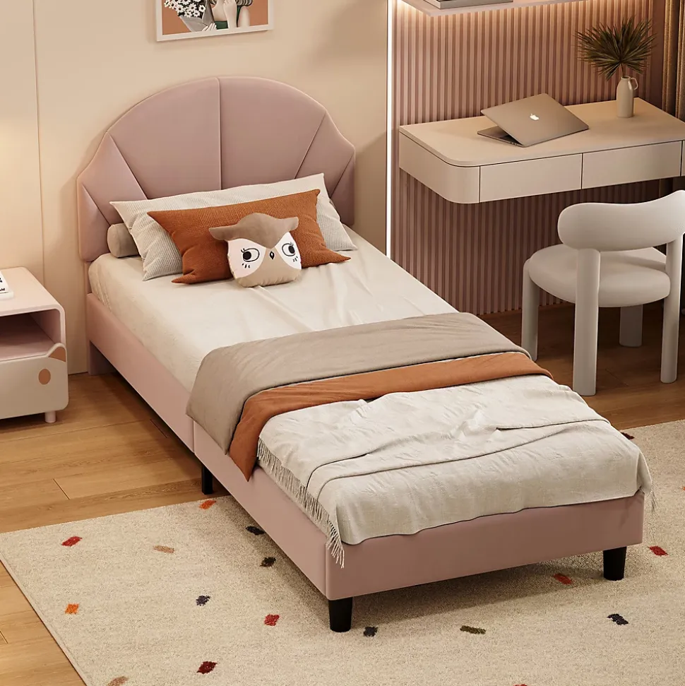 Lit enfant/Lit capitonné 90 x 190 cm avec sommier à lattes, tête de lit et dossier réglables, velours, sans matelas, Rose