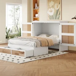 Lit Escamotable 140x200 cm - Lit Mural Vertical avec 2 Tiroirs de Rangement, Structure Bois de Pin et MDF, Sans Matelas, Blanc