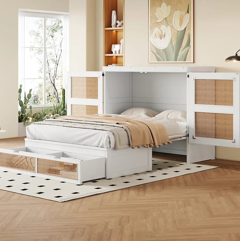 Lit Escamotable 140x200 cm - Lit Mural Vertical avec 2 Tiroirs de Rangement, Structure Bois de Pin et MDF, Sans Matelas, Blanc