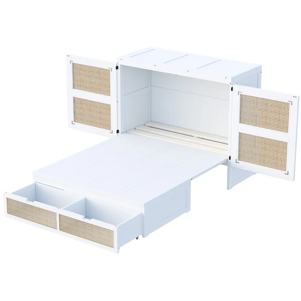 Lit Escamotable 140x200 cm - Lit Mural Vertical avec 2 Tiroirs de Rangement, Structure Bois de Pin et MDF, Sans Matelas, Blanc