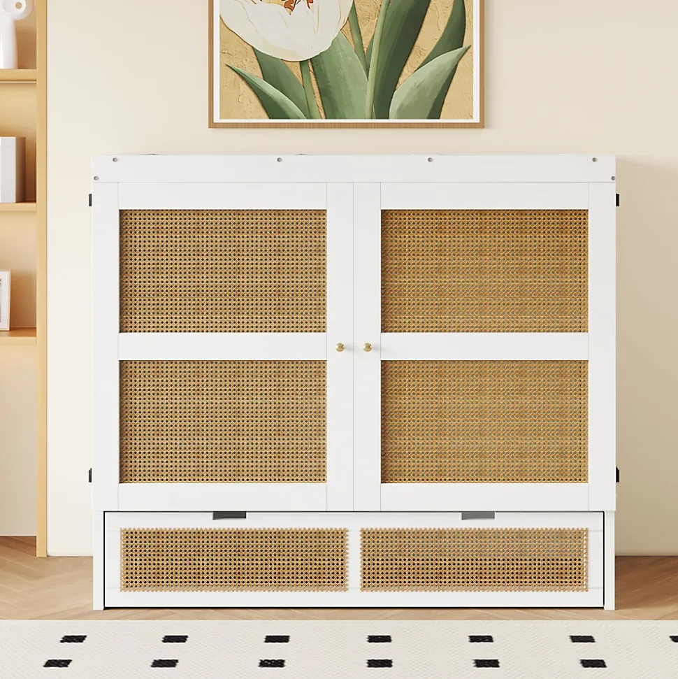 Lit Escamotable 140x200 cm - Lit Mural Vertical avec 2 Tiroirs de Rangement, Structure Bois de Pin et MDF, Sans Matelas, Blanc