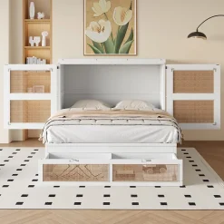 Lit Escamotable 140x200 cm - Lit Mural Vertical avec 2 Tiroirs de Rangement, Structure Bois de Pin et MDF, Sans Matelas, Blanc