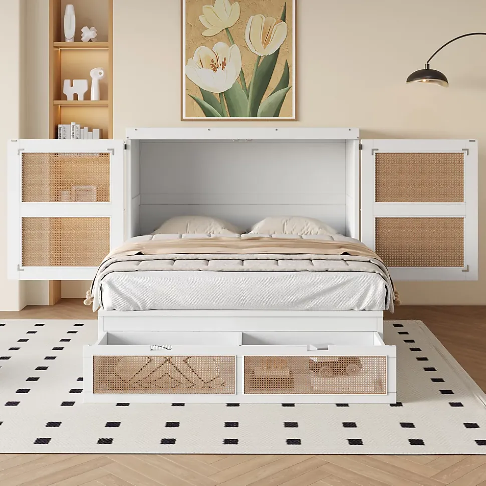 Lit Escamotable 140x200 cm - Lit Mural Vertical avec 2 Tiroirs de Rangement, Structure Bois de Pin et MDF, Sans Matelas, Blanc