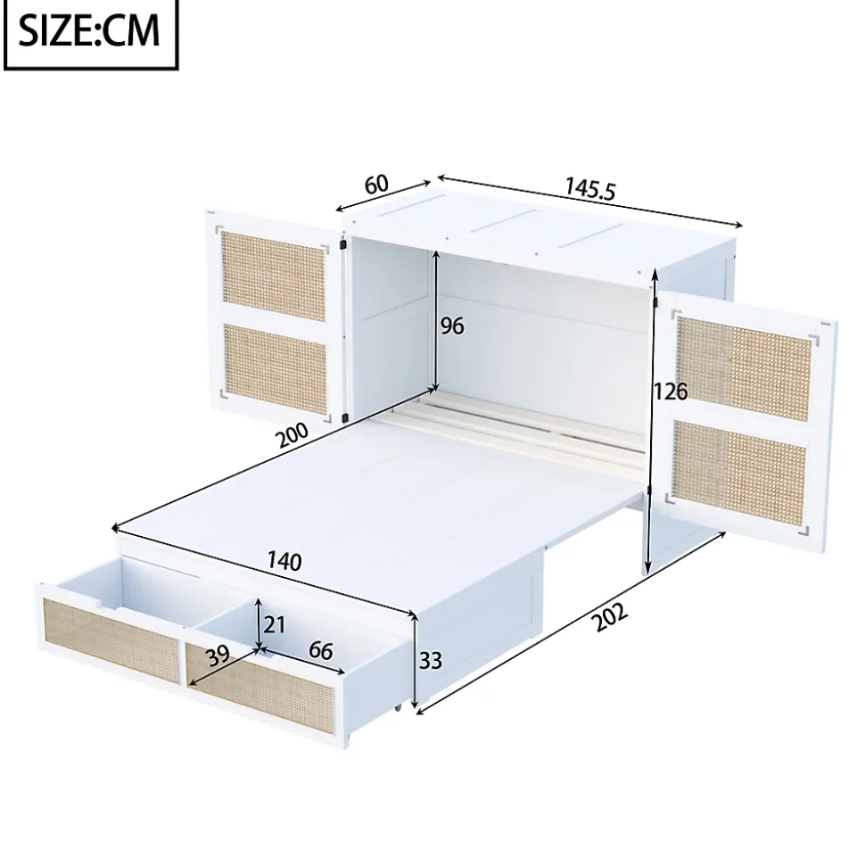 Lit Escamotable 140x200 cm - Lit Mural Vertical avec 2 Tiroirs de Rangement, Structure Bois de Pin et MDF, Sans Matelas, Blanc