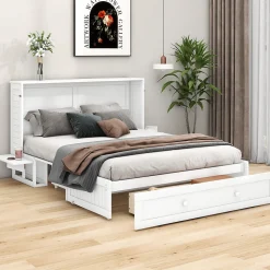 Lit Escamotable 140x200cm, Avec Tiroirs, Petit Étagère, Transformable, Blanc