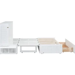 Lit Escamotable 140x200cm, Avec Tiroirs, Petit Étagère, Transformable, Blanc