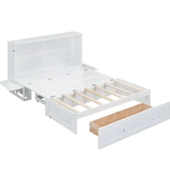 Lit Escamotable 140x200cm, Avec Tiroirs, Petit Étagère, Transformable, Blanc