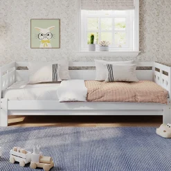 Lit extensible 90x190cm, lit de jour avec 2 places de couchage et cadre roulant, lit en forme de coeur, pin massif, blanc