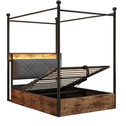 Lit fer forgé 90x190 cm, rangement hydraulique, baldaquin, LED/USB - noir