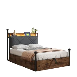 Lit fer forgé 90x190 cm, rangement hydraulique, baldaquin, LED/USB - noir