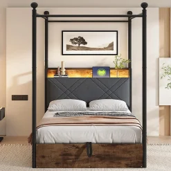 Lit fer forgé 90x190 cm, rangement hydraulique, baldaquin, LED/USB - noir