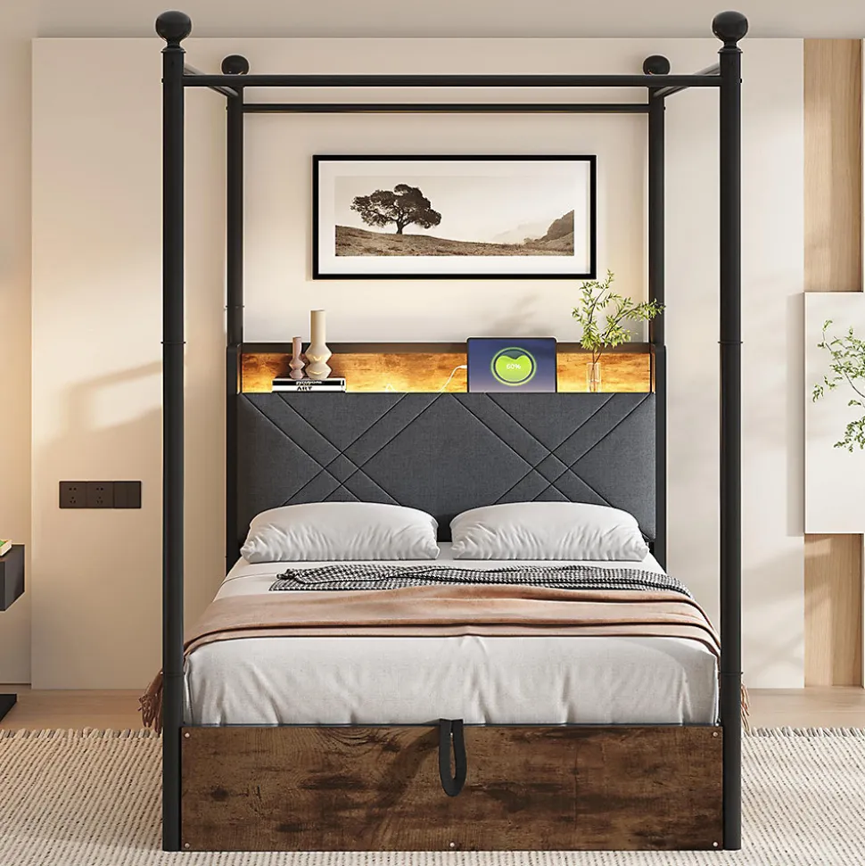 Lit fer forgé 90x190 cm, rangement hydraulique, baldaquin, LED/USB - noir