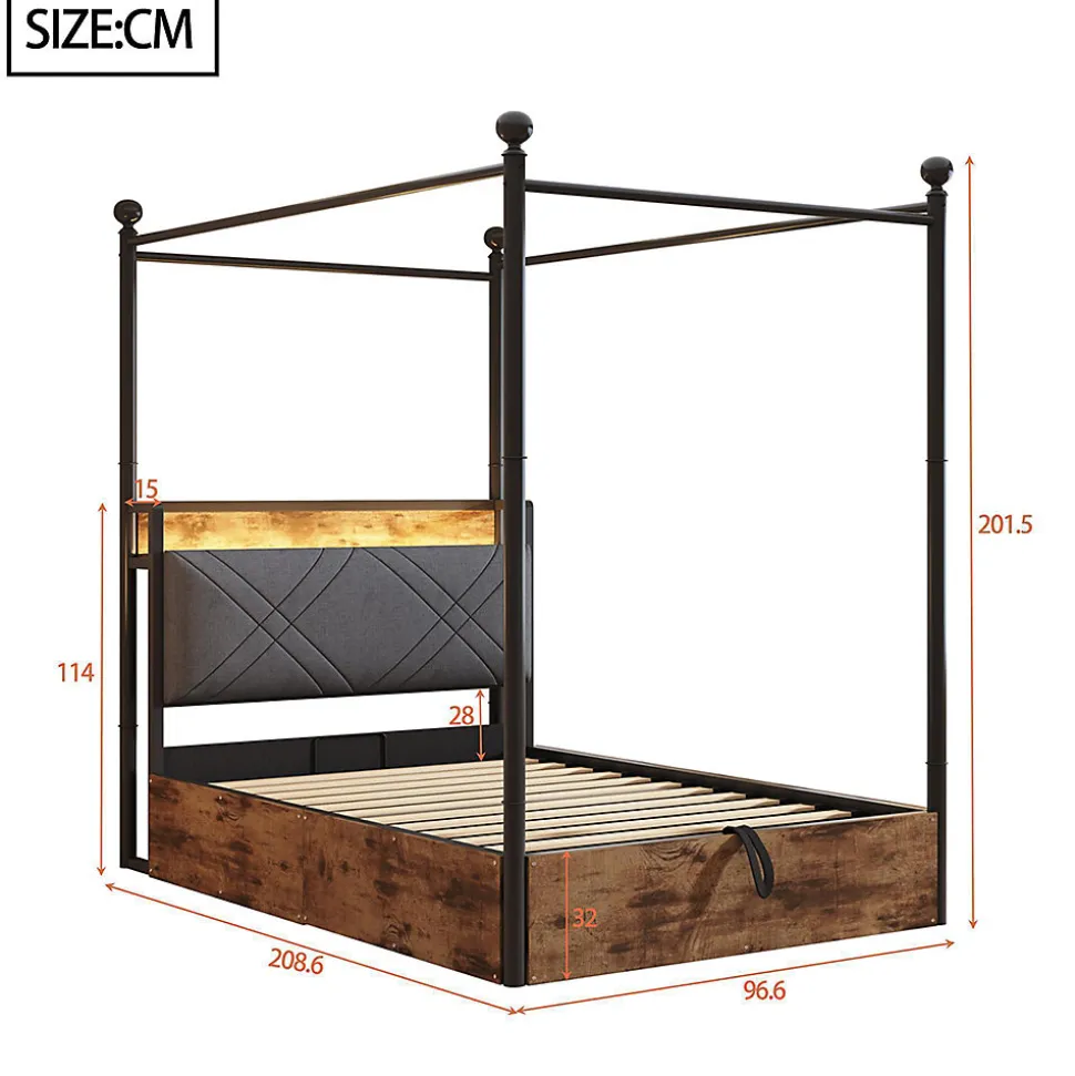 Lit fer forgé 90x190 cm, rangement hydraulique, baldaquin, LED/USB - noir