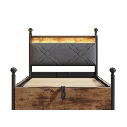 Lit fer forgé 90x190 cm, rangement hydraulique, baldaquin, LED/USB - noir