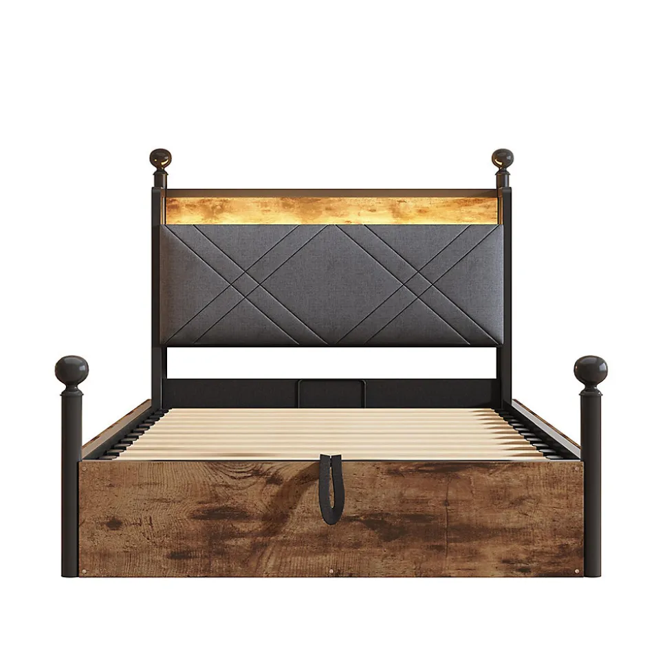 Lit fer forgé 90x190 cm, rangement hydraulique, baldaquin, LED/USB - noir