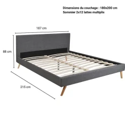 Lit FJORD 180x200 + 1 sommier / tissu Gris Foncé