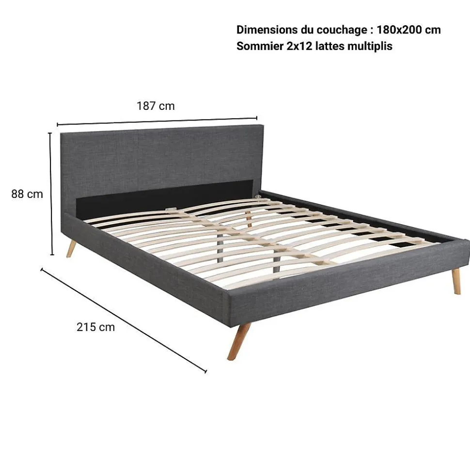 Lit FJORD 180x200 + 1 sommier / tissu Gris Foncé