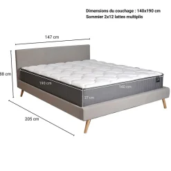 Lit FJORD 140x190 tissu + 1 sommier + 1 matelas CARLTON / Gris Clair