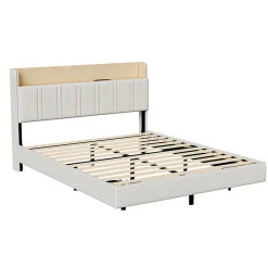 Lit Flottant 140x190 Cm Avec Éclairage LED Et Chargement USB, Rangement Caché, Blanc