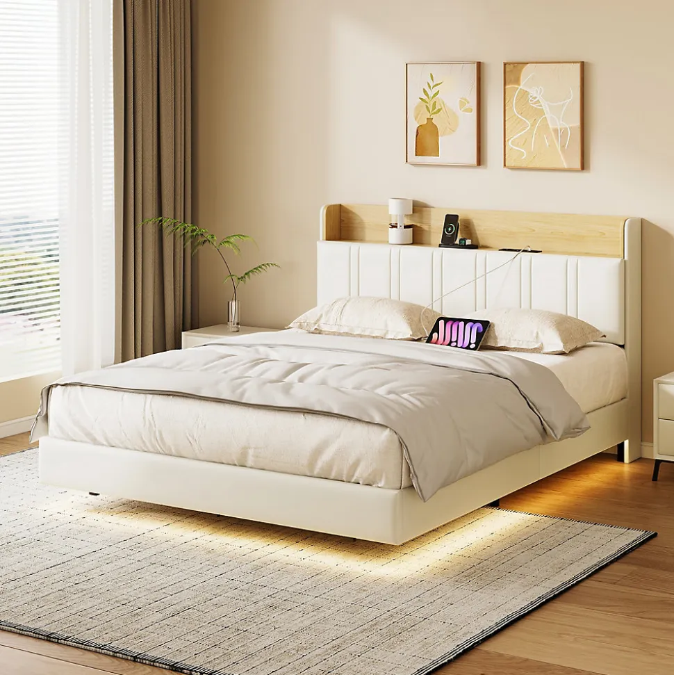 Lit Flottant 140x190 Cm Avec Éclairage LED Et Chargement USB, Rangement Caché, Blanc