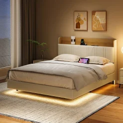 Lit Flottant 140x190 Cm Avec Éclairage LED Et Chargement USB, Rangement Caché, Blanc