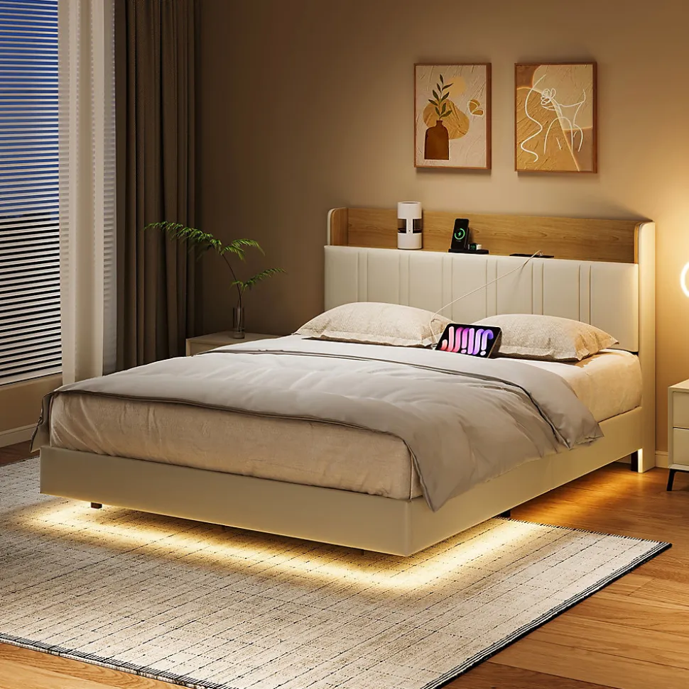 Lit Flottant 140x190 Cm Avec Éclairage LED Et Chargement USB, Rangement Caché, Blanc