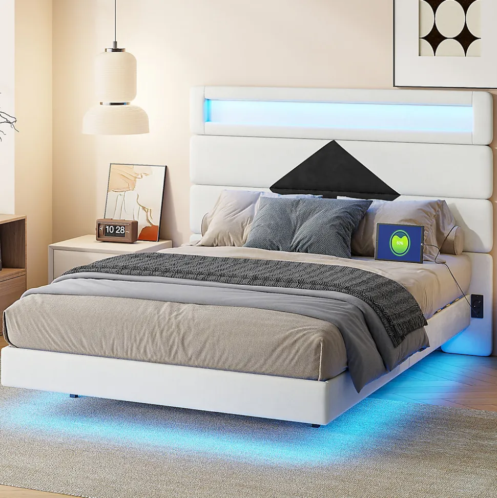 Lit flottant 140x190 cm avec LED, 2 ports USB, cadre avec sommier à lattes, tête de lit, pour 2 personnes, blanc et noir