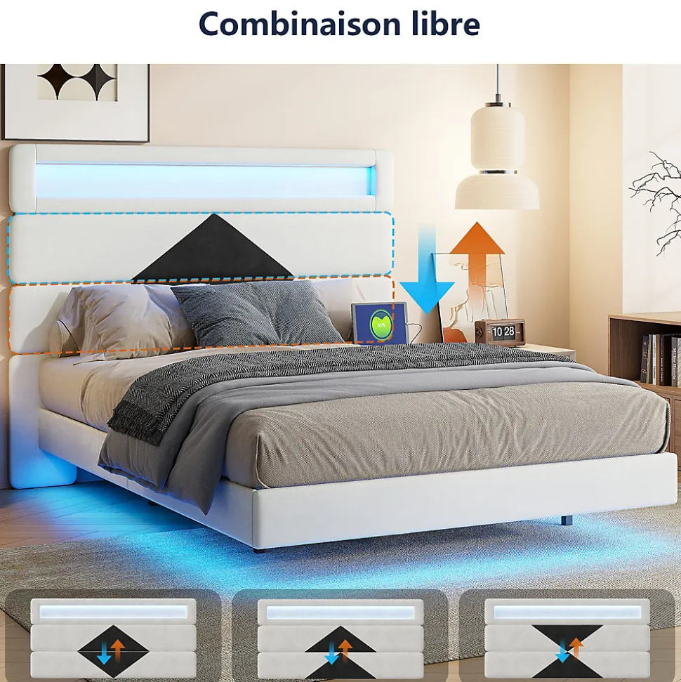 Lit flottant 140x190 cm avec LED, 2 ports USB, cadre avec sommier à lattes, tête de lit, pour 2 personnes, blanc et noir