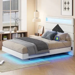 Lit flottant 140x190 cm avec LED, 2 ports USB, cadre avec sommier à lattes, tête de lit, pour 2 personnes, blanc et noir
