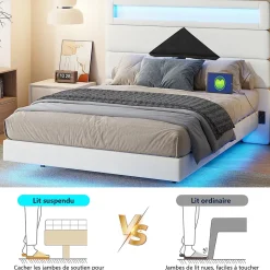 Lit flottant 140x190 cm avec LED, 2 ports USB, cadre avec sommier à lattes, tête de lit, pour 2 personnes, blanc et noir