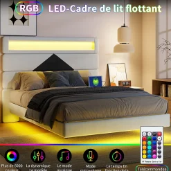 Lit flottant 140x190 cm avec LED, 2 ports USB, cadre avec sommier à lattes, tête de lit, pour 2 personnes, blanc et noir