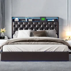 Lit flottant 160x200 cm en polyuréthane avec LED tête et corps, rangement tête de lit rembourrée, prise EU, design moderne.