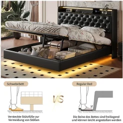 Lit flottant 160x200 cm en polyuréthane avec LED tête et corps, rangement tête de lit rembourrée, prise EU, design moderne.