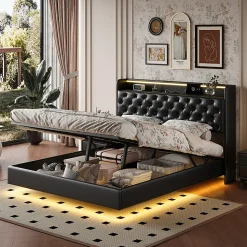 Lit flottant 160x200 cm en polyuréthane avec LED tête et corps, rangement tête de lit rembourrée, prise EU, design moderne.