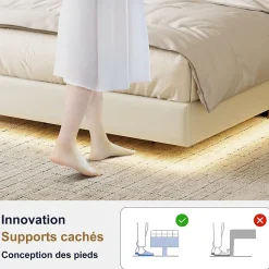 Lit flottant 140x190 cm, rembourré, LED, USB, PU, Blanc
