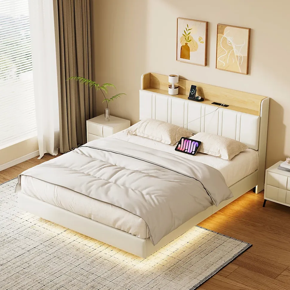 Lit flottant 140x190 cm, rembourré, LED, USB, PU, Blanc