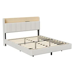 Lit flottant 140x190 cm, rembourré, LED, USB, PU, Blanc