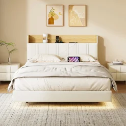 Lit flottant 140x190 cm, rembourré, LED, USB, PU, Blanc