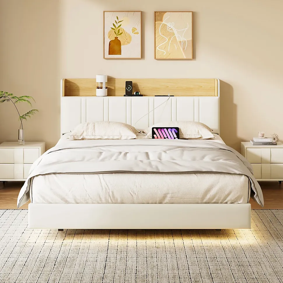 Lit flottant 140x190 cm, rembourré, LED, USB, PU, Blanc