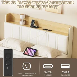 Lit flottant 140x190 cm, rembourré, LED, USB, PU, Blanc