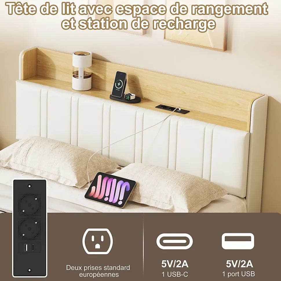 Lit flottant 140x190 cm, rembourré, LED, USB, PU, Blanc