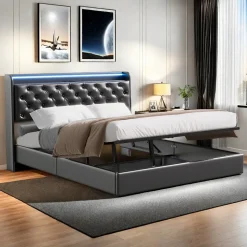 Lit flottant 160x200cm en PU avec LED tête & corps, rangement tête de lit rembourrée & prise EU, Design moderne et pratique